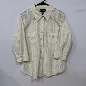Vintage Stacey Summers XL Ivory Lace Western Snap Front‎ Shirt 3/4 Sleeve